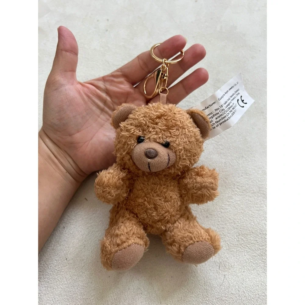 Brown Plush Teddy Bear Keychain Gold Tone Clip Backpack Charm Accessory New